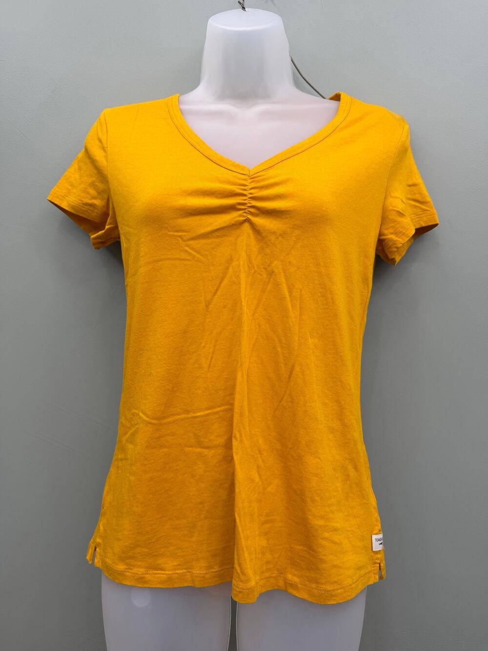 Toad&Co Rose Tee S Organic Cotton Tencel Ruched V Neck Mustard Yellow Shirt